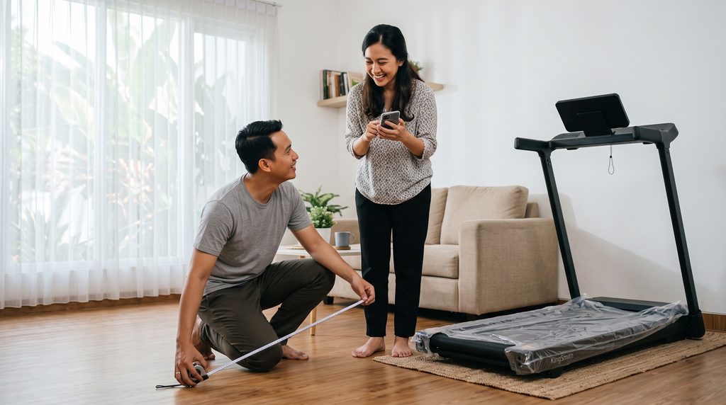 Pasangan Indonesia mengukur ruang di rumah untuk menempatkan treadmill