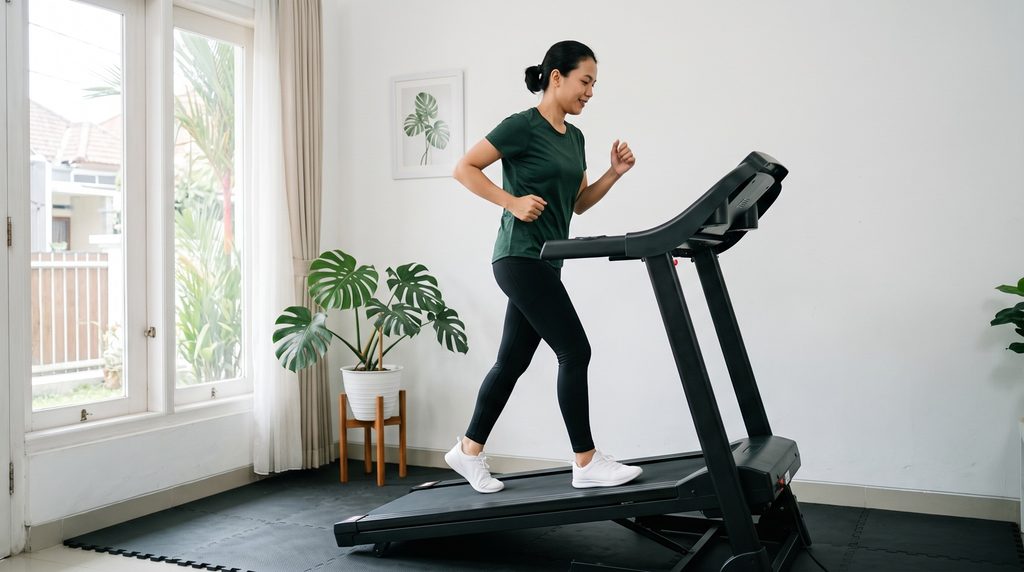 Wanita Indonesia berjalan menanjak di treadmill dengan landasan yang terlihat miring
