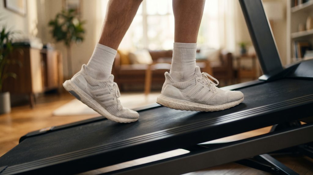 Kaki berjalan di atas treadmill yang diatur menanjak
