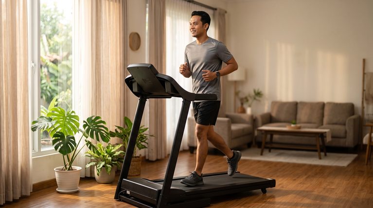 Pria Indonesia jogging santai di treadmill di rumah