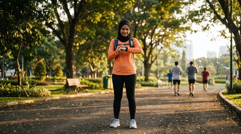 Pelari Indonesia melihat jam tangan pintar di jalur lari taman pada pagi hari