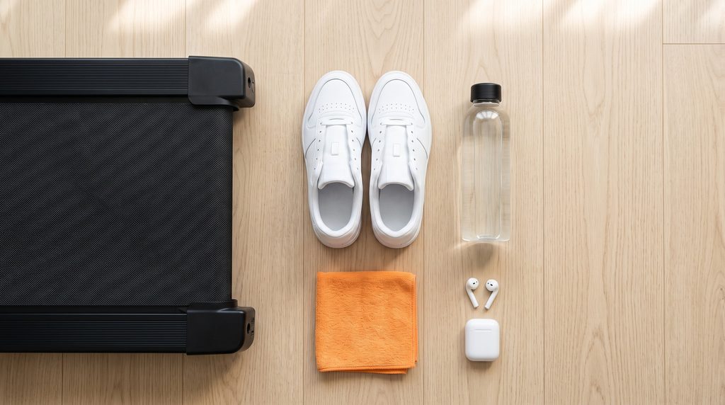 Sepatu olahraga, botol minum, dan handuk di samping treadmill