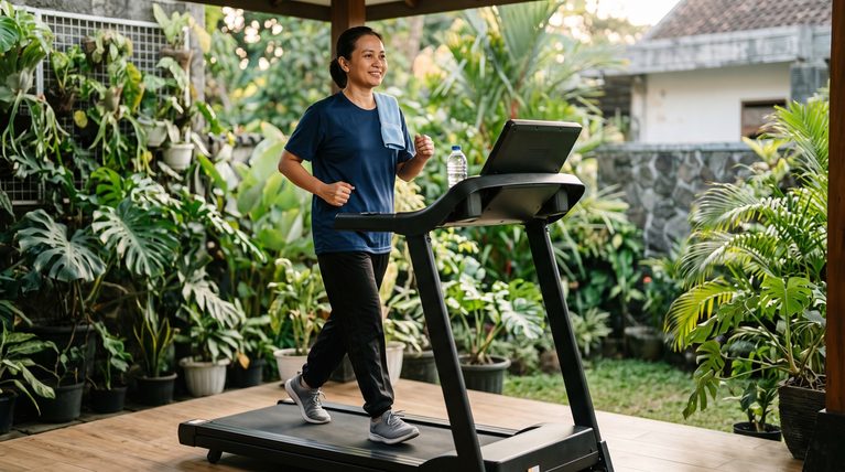 Wanita Indonesia paruh baya memulai latihan jalan di treadmill di rumah