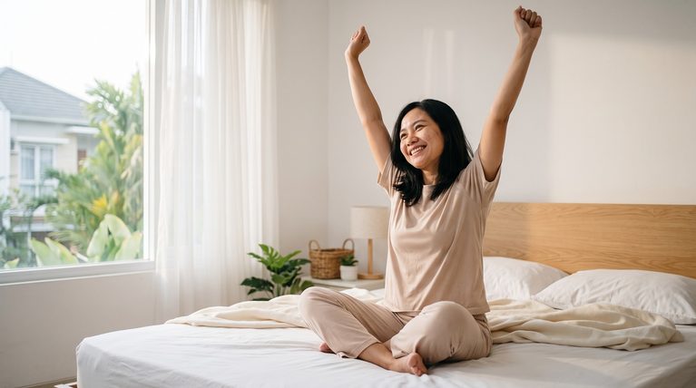 Wanita Indonesia bangun pagi dengan segar sambil meregangkan tangan di tempat tidur