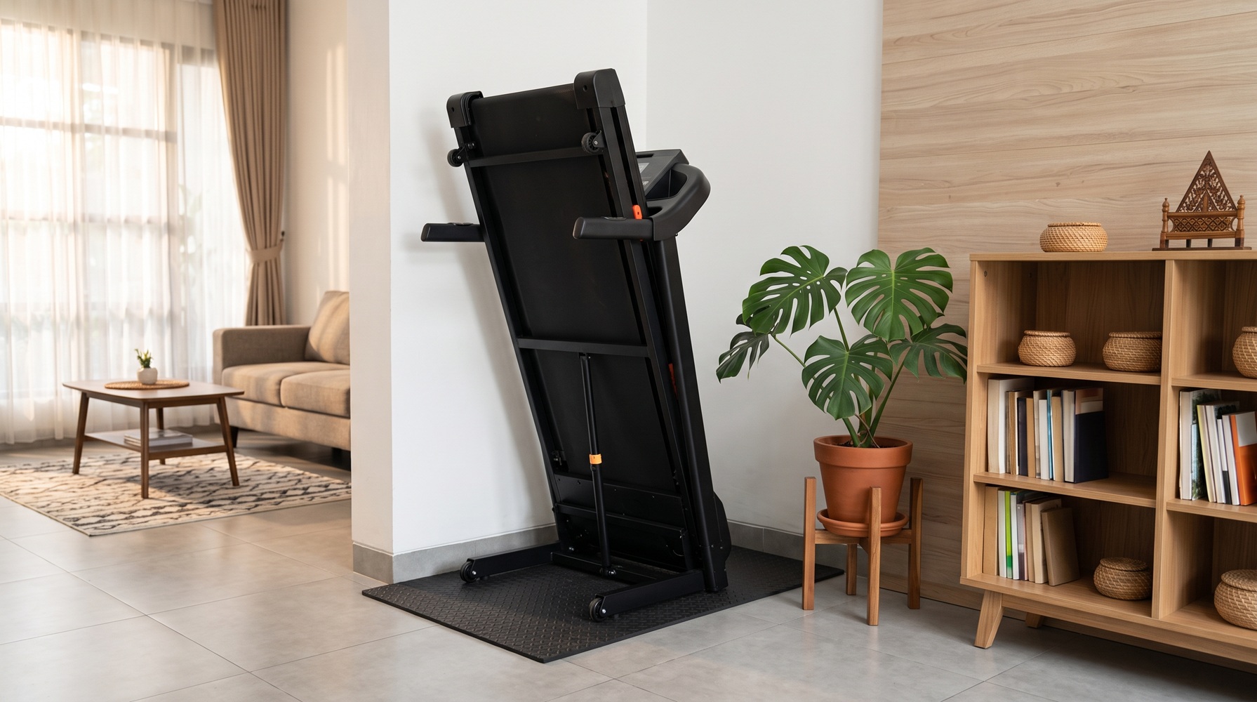 Treadmill lipat dalam posisi terlipat di sudut ruang keluarga