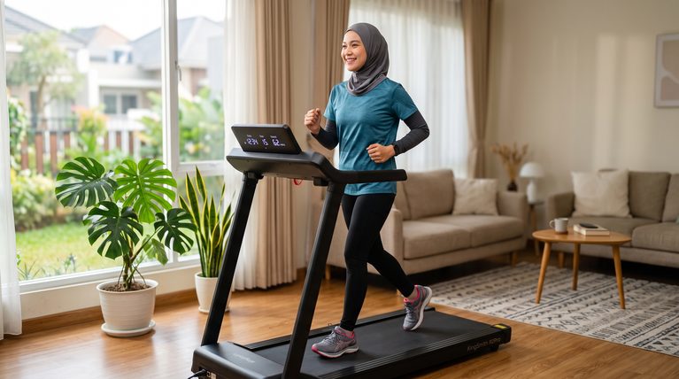 Wanita Indonesia berjalan cepat di treadmill di ruang keluarga pada pagi hari