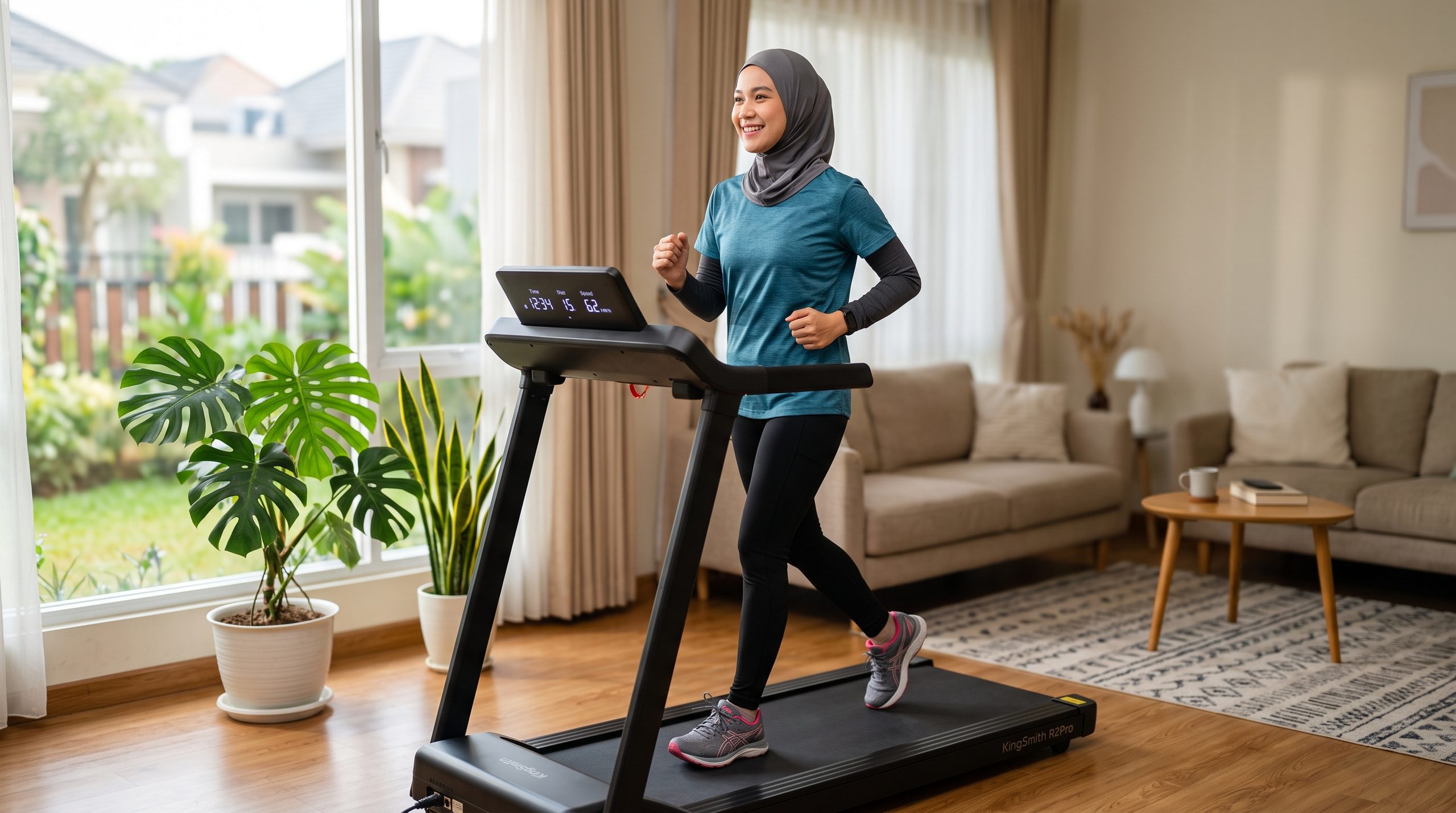 Wanita Indonesia berjalan cepat di treadmill di ruang keluarga pada pagi hari